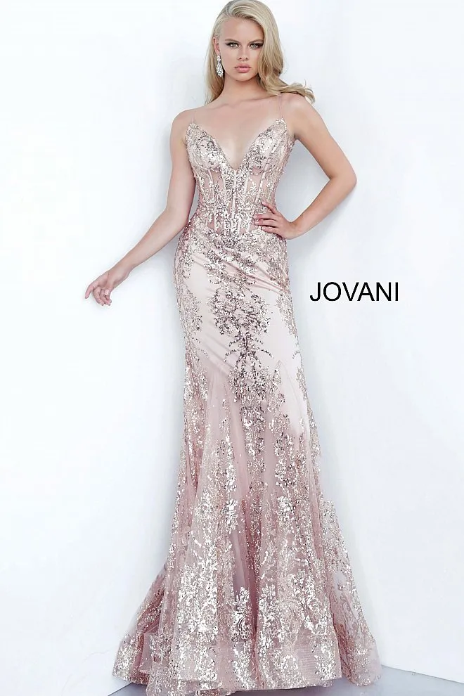 Jovani 3675 Prom Dress Sheer Corset Shimmer Mermaid Pageant Gown