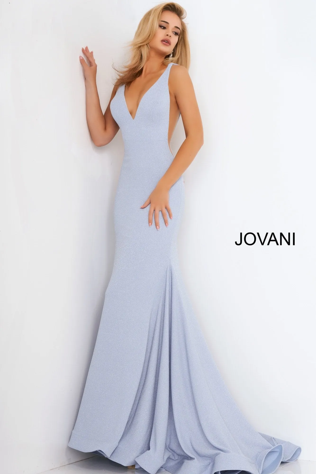 Jovani JVN02132 Size 8 Long Fitted Mermaid Stretch Glitter Prom Dress V Neck Cut Out Sexy