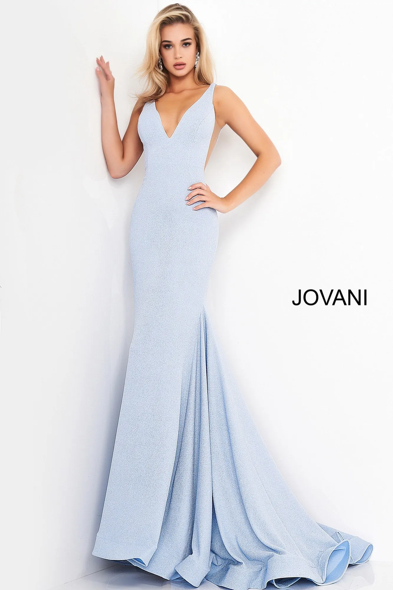 Jovani JVN02132 Size 8 Long Fitted Mermaid Stretch Glitter Prom Dress V Neck Cut Out Sexy