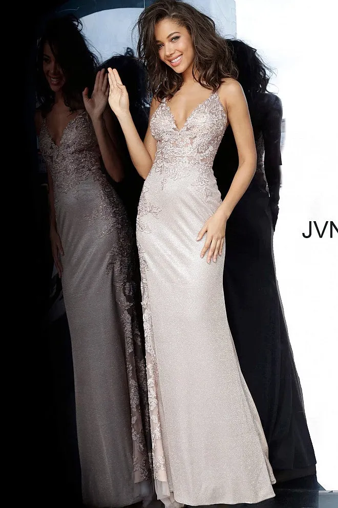 Jovani JVN2205 Size 6 Nude Iridescent Lace Illusion Prom Dress Sheer Shimmer Gown