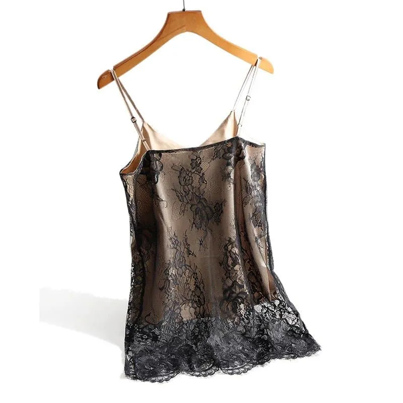 Lace Satin Camisole with Floral Lace Details - Elegant Sleeveless Top for Women