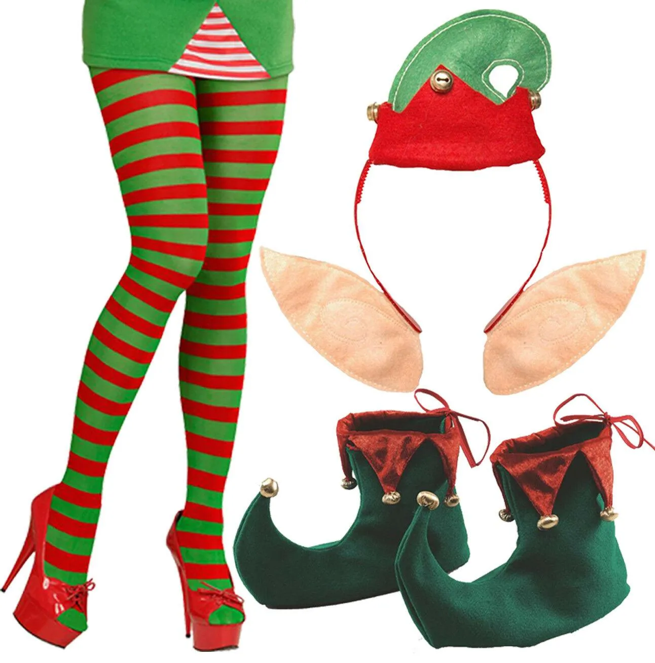 Ladies Santa Helper Elf Headbopper Tights Shoes Xmas 3 Pc Fancy Dress Costume