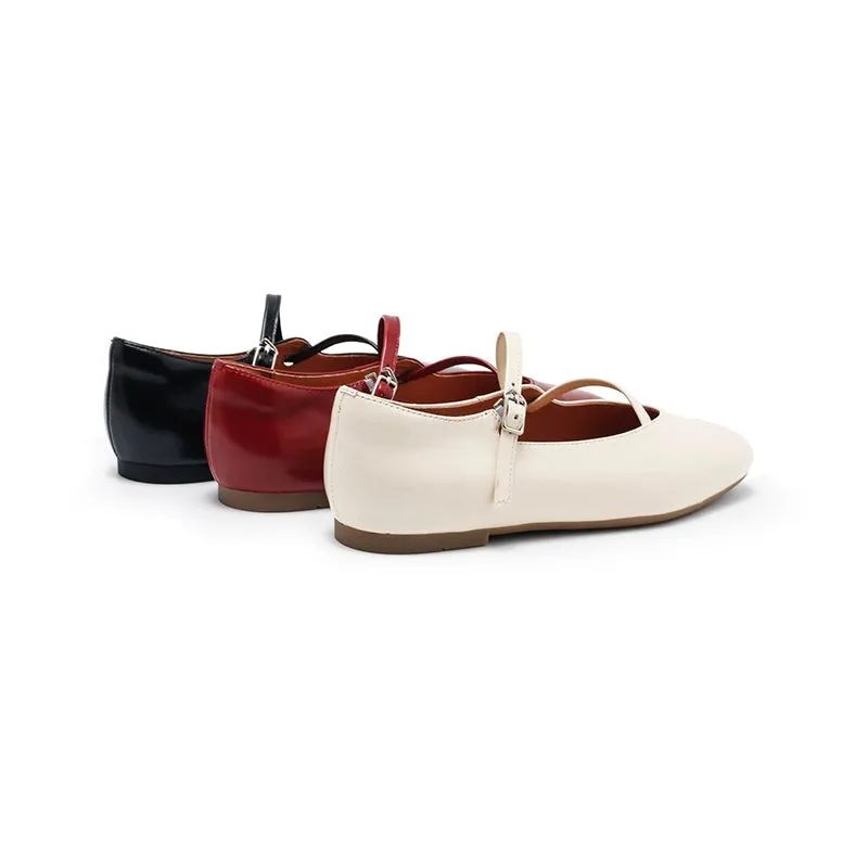 Leather Ballet Flats with Cross-Strap Almond Toe in Black/Red/Beige