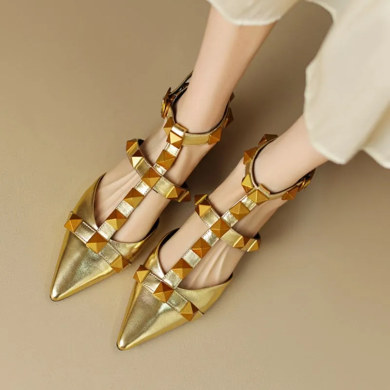 Leather T Strap Rockstud Ankle-strap Flat Sandals Point Toe Slingback in Golden/Beige/Black