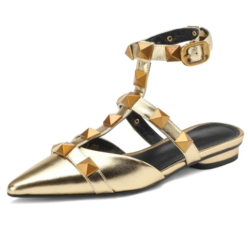 Leather T Strap Rockstud Ankle-strap Flat Sandals Point Toe Slingback in Golden/Beige/Black