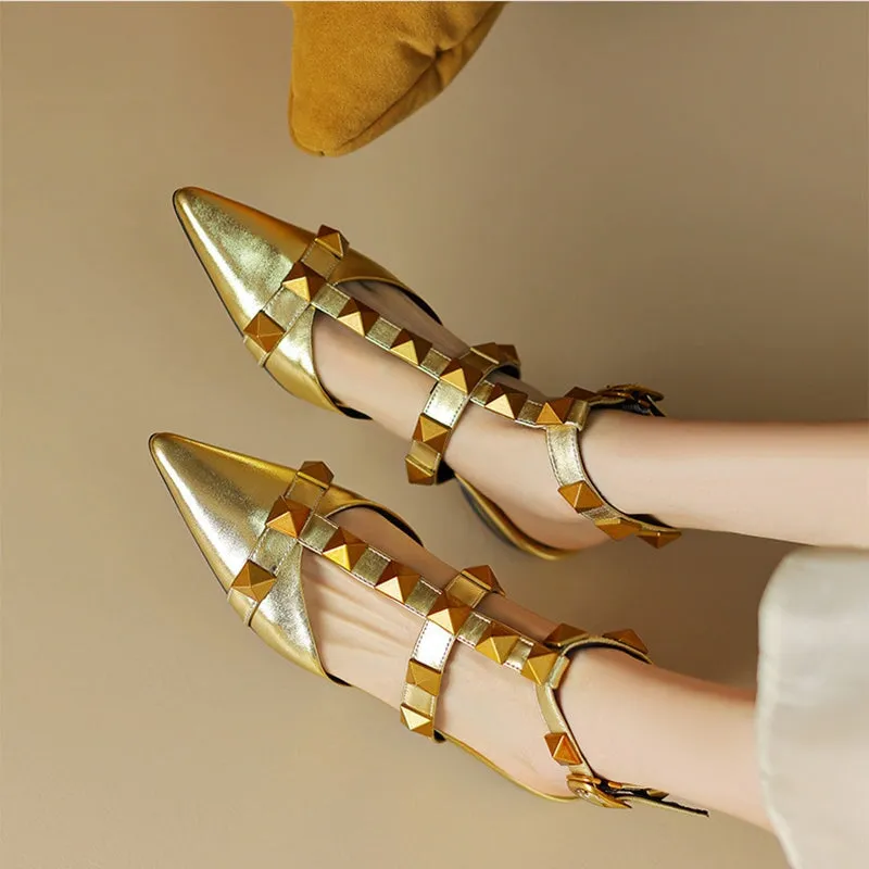 Leather T Strap Rockstud Ankle-strap Flat Sandals Point Toe Slingback in Golden/Beige/Black