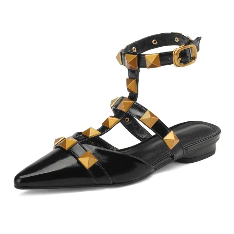 Leather T Strap Rockstud Ankle-strap Flat Sandals Point Toe Slingback in Golden/Beige/Black