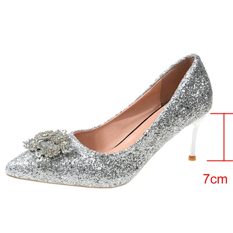 Lucyever 2024 Bling Silver Sequins Pumps for Women Rhinestone Party Wedding High Heels Shoes Woman Pointed Toe Thin Heel Pumps