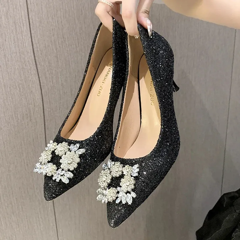 Lucyever 2024 Bling Silver Sequins Pumps for Women Rhinestone Party Wedding High Heels Shoes Woman Pointed Toe Thin Heel Pumps