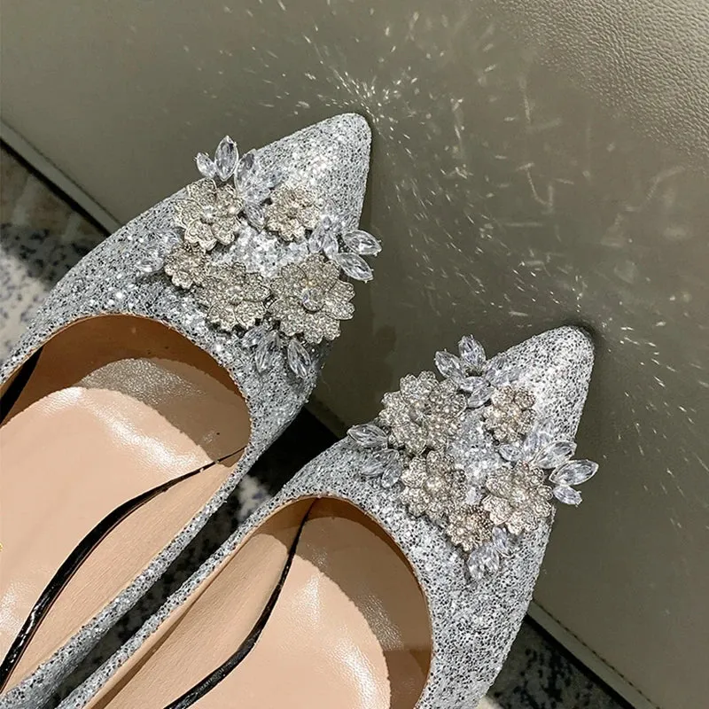 Lucyever 2024 Bling Silver Sequins Pumps for Women Rhinestone Party Wedding High Heels Shoes Woman Pointed Toe Thin Heel Pumps