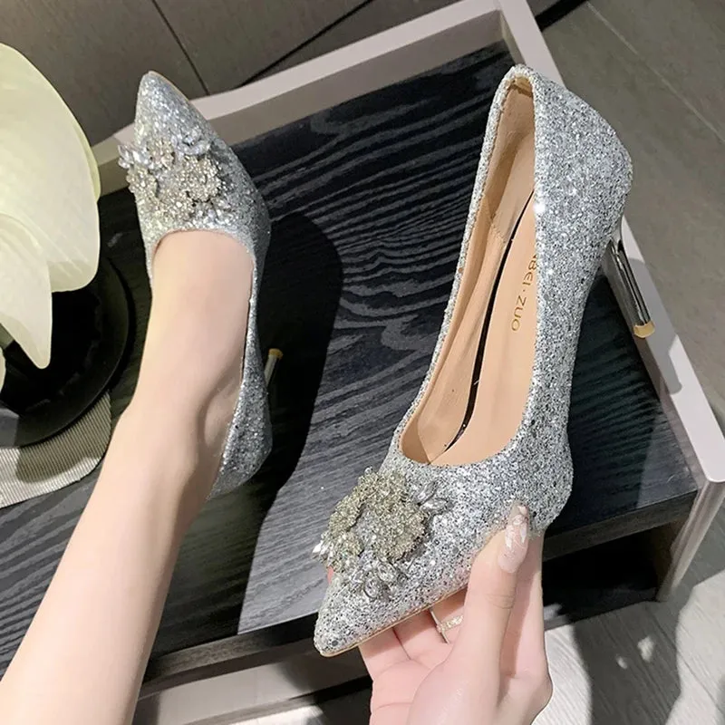 Lucyever 2024 Bling Silver Sequins Pumps for Women Rhinestone Party Wedding High Heels Shoes Woman Pointed Toe Thin Heel Pumps