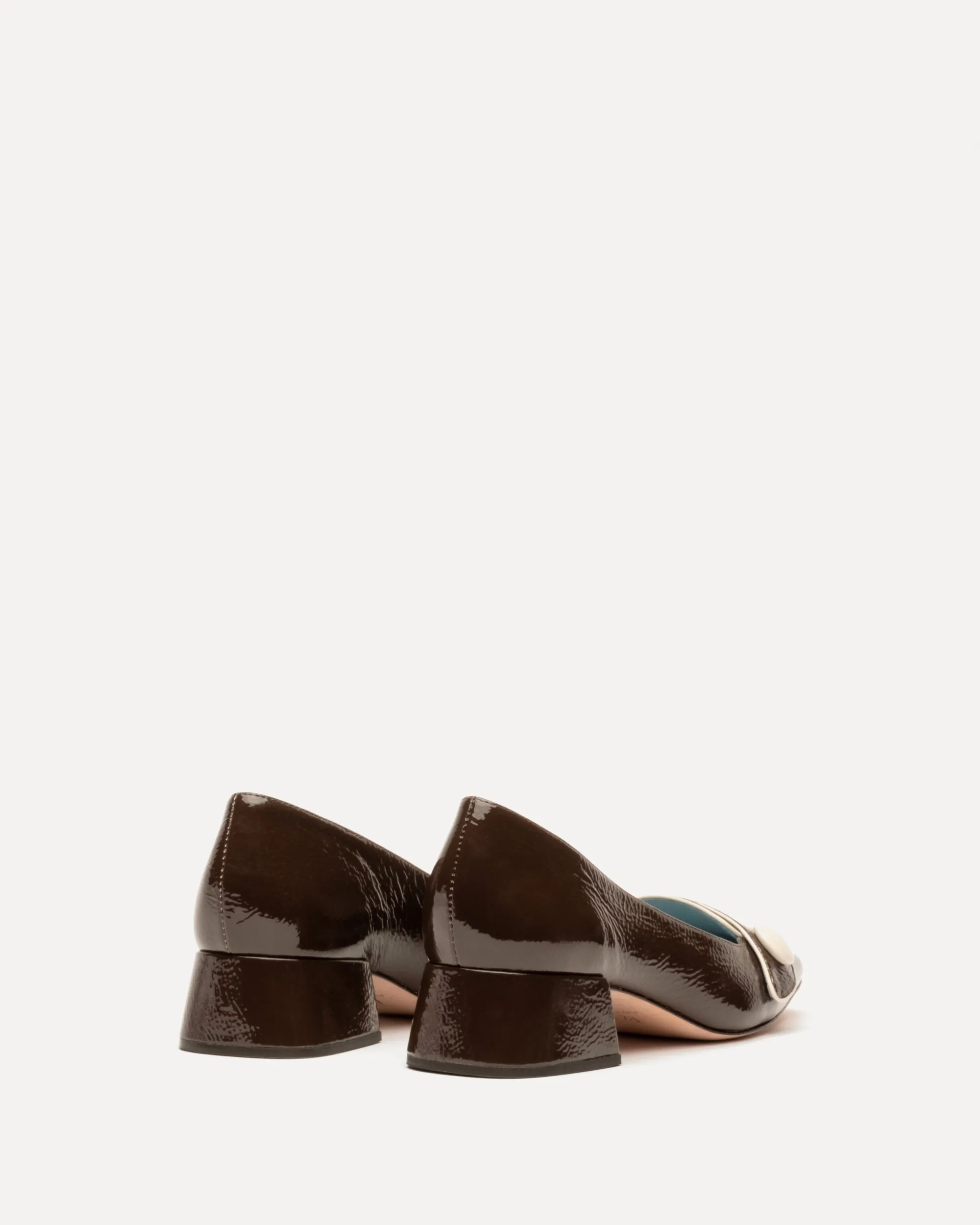 Mackie Crinkle Soft Patent Block Heel Chocolate