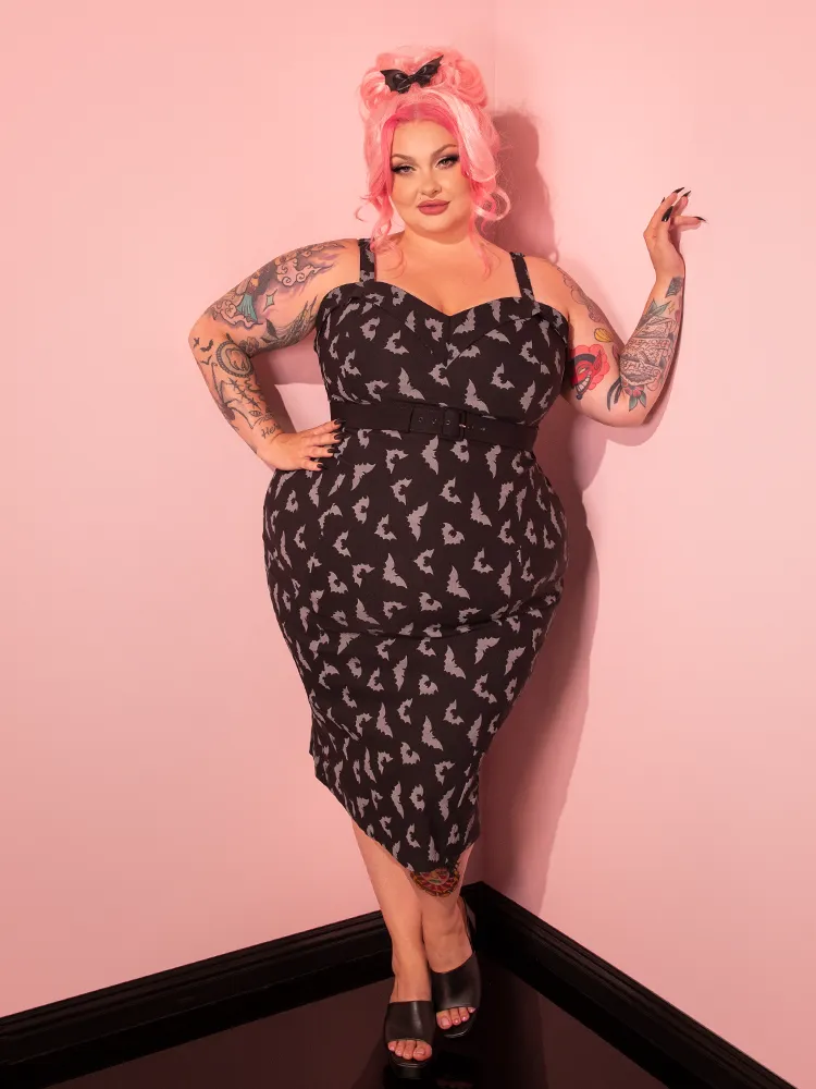 Maneater Wiggle Dress in Glow in the Dark Bat Print in Black - Vixen by Micheline Pitt