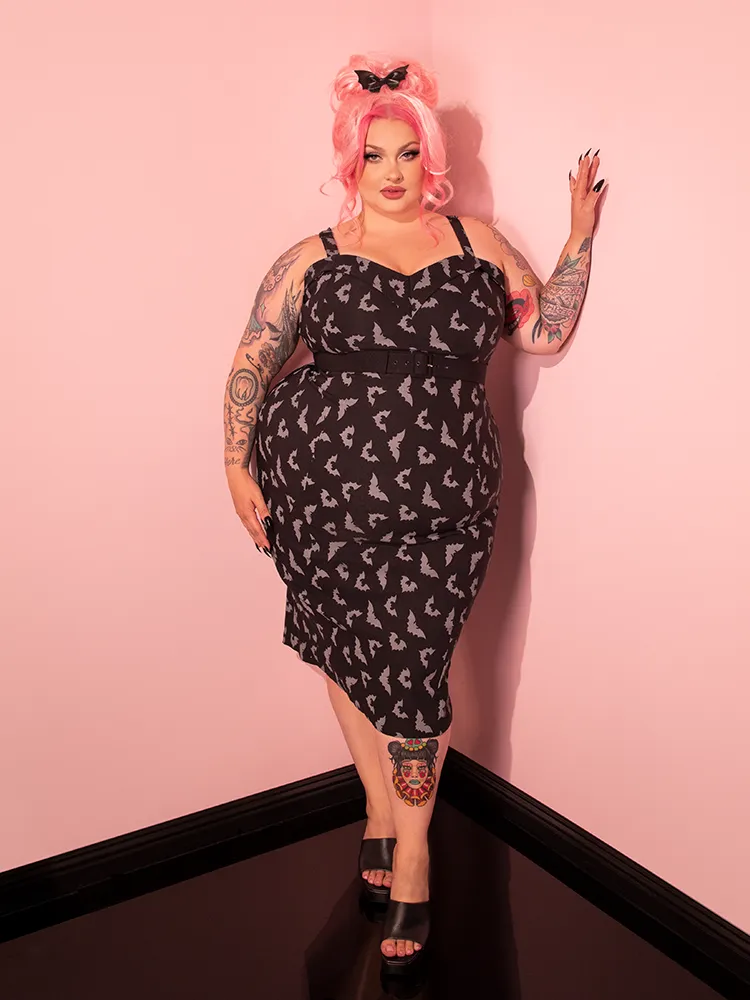 Maneater Wiggle Dress in Glow in the Dark Bat Print in Black - Vixen by Micheline Pitt