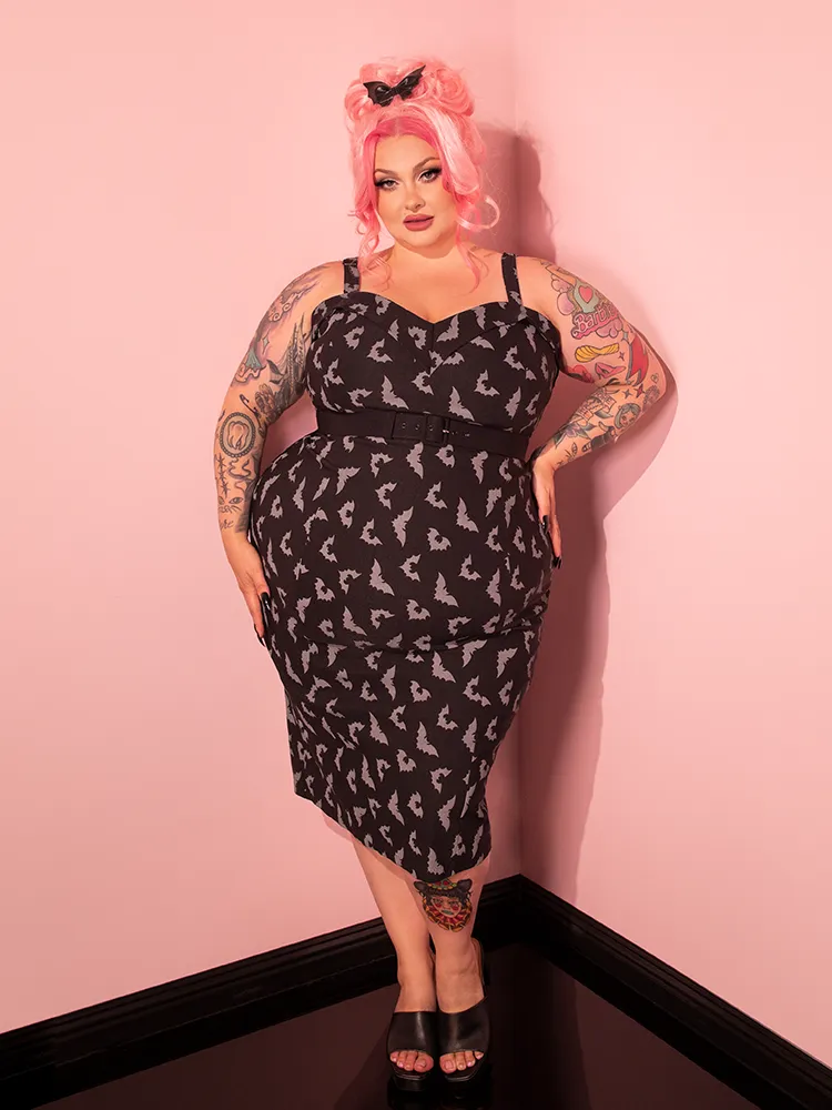 Maneater Wiggle Dress in Glow in the Dark Bat Print in Black - Vixen by Micheline Pitt