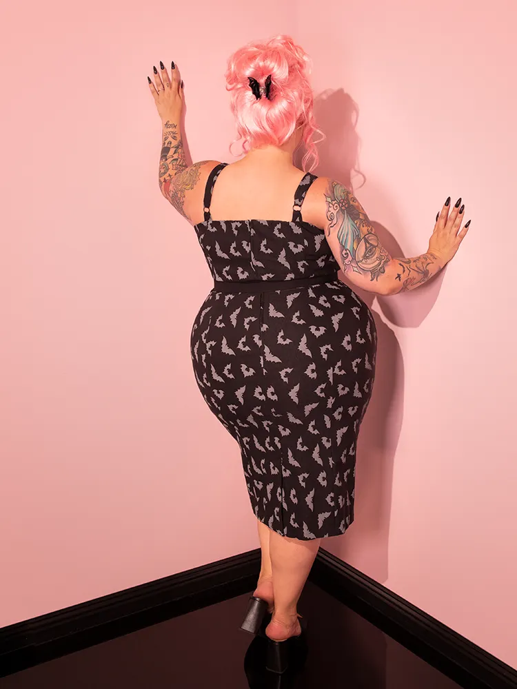 Maneater Wiggle Dress in Glow in the Dark Bat Print in Black - Vixen by Micheline Pitt