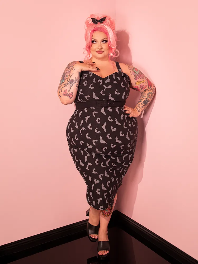 Maneater Wiggle Dress in Glow in the Dark Bat Print in Black - Vixen by Micheline Pitt