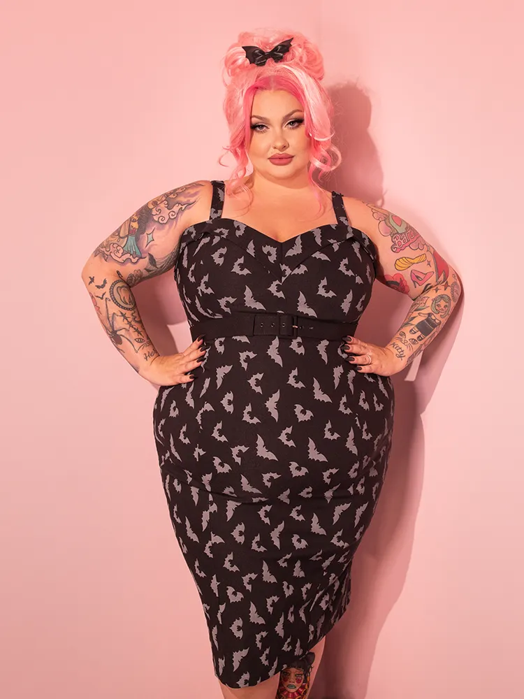 Maneater Wiggle Dress in Glow in the Dark Bat Print in Black - Vixen by Micheline Pitt