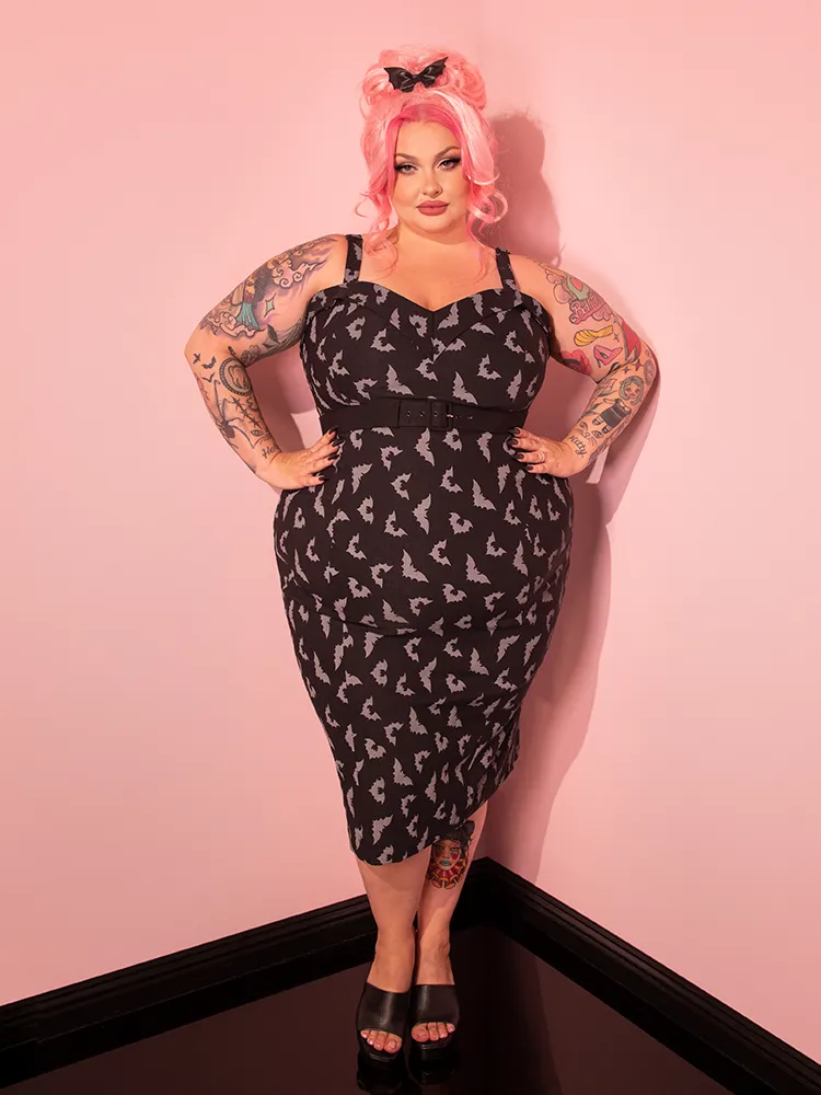 Maneater Wiggle Dress in Glow in the Dark Bat Print in Black - Vixen by Micheline Pitt