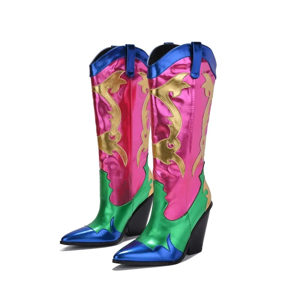 Merendy Rahma Pointed Toe western metallic cowboy boots for women