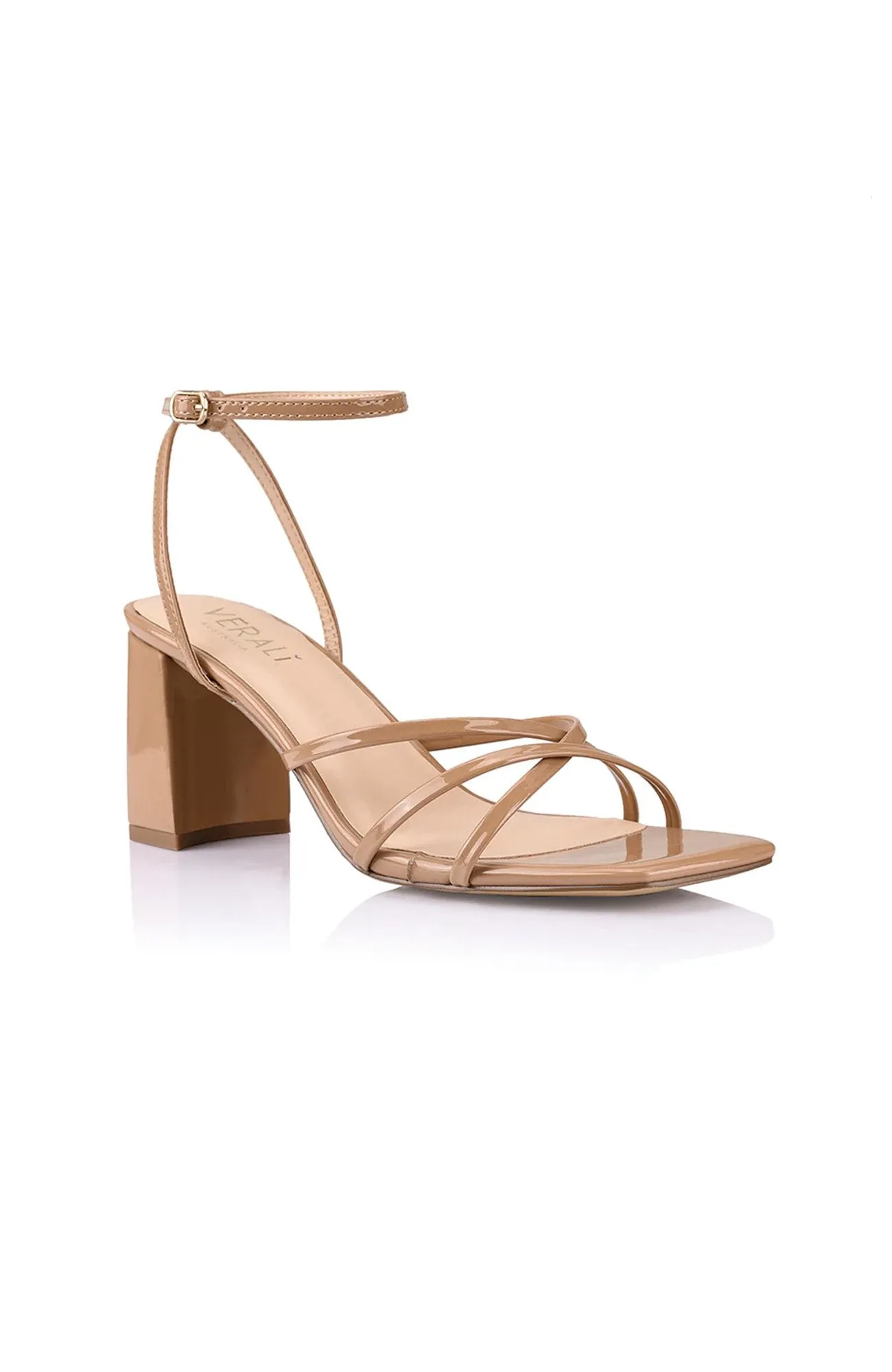 Nakita Block Heel Sandal Dark Camel Patent