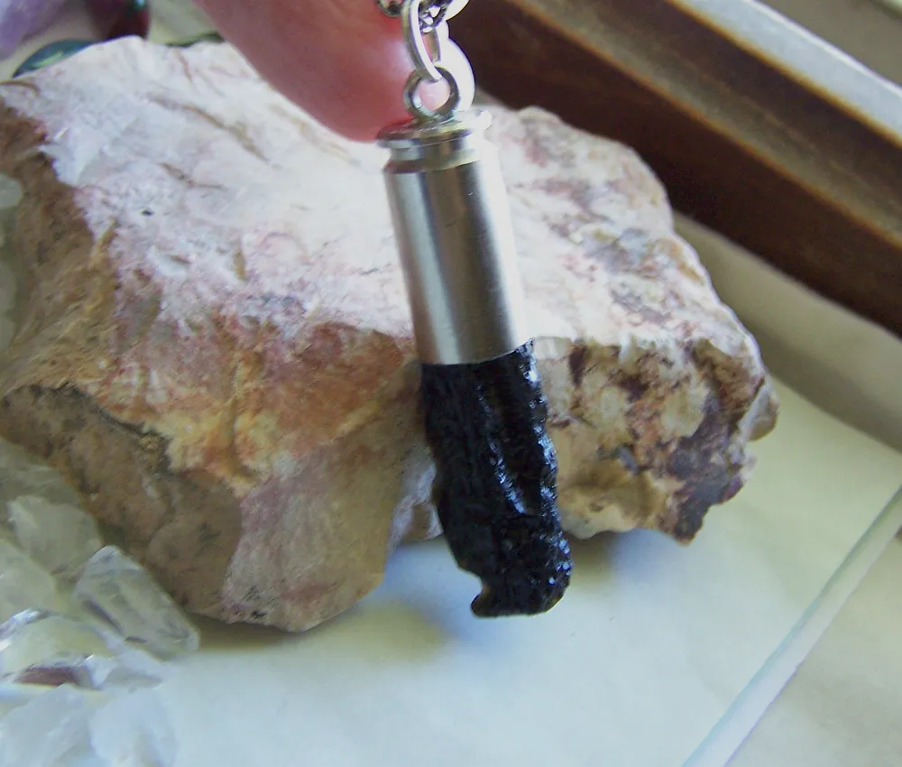 Natural Black Tektite Stone Silver Bullet Jewelry Pendant Necklace