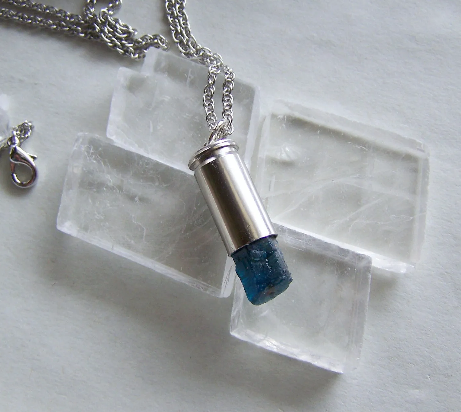 Natural Blue Apatite Silver Bullet Jewelry Pendant Necklace