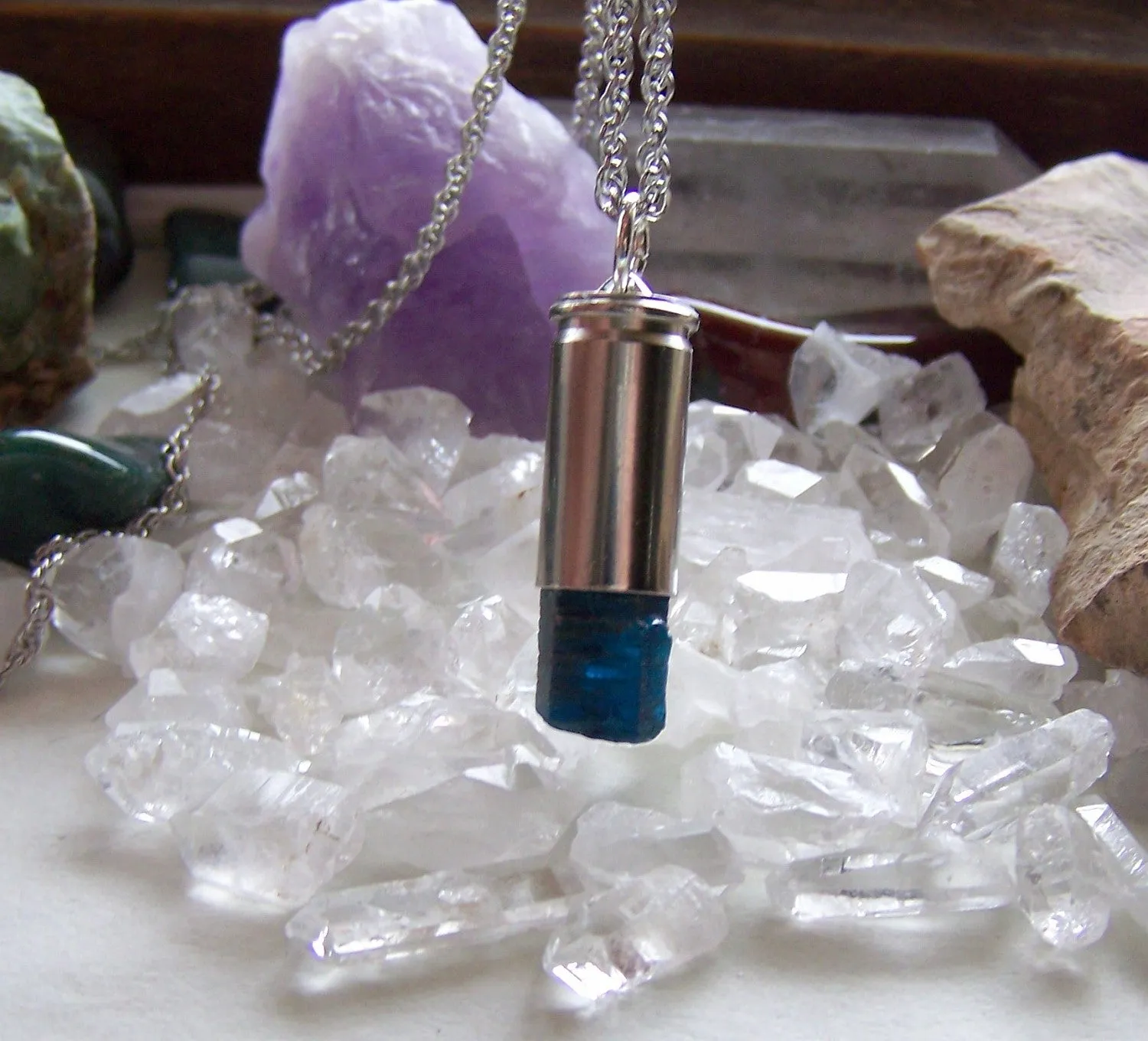 Natural Blue Apatite Silver Bullet Jewelry Pendant Necklace