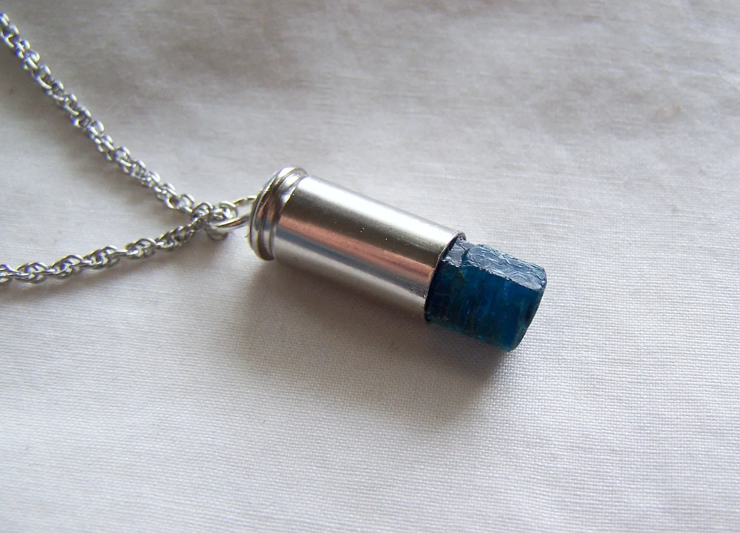 Natural Blue Apatite Silver Bullet Jewelry Pendant Necklace