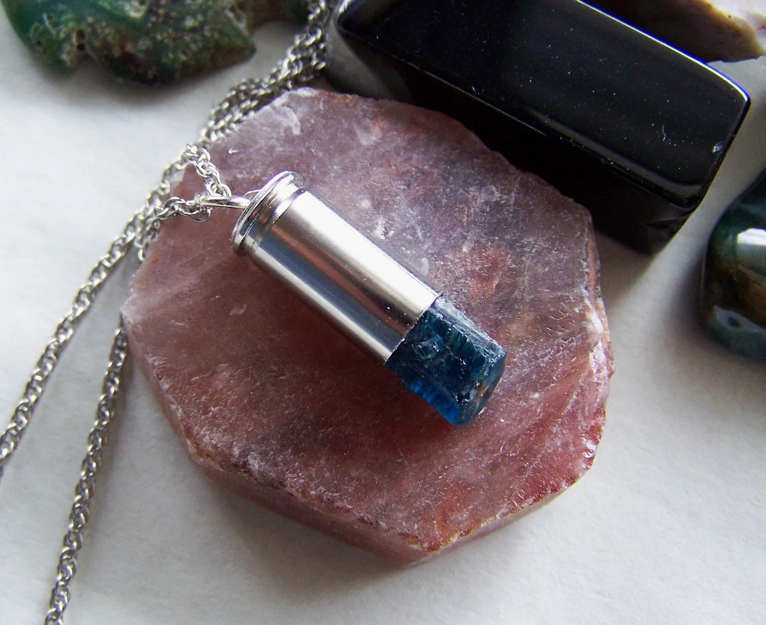 Natural Blue Apatite Silver Bullet Jewelry Pendant Necklace