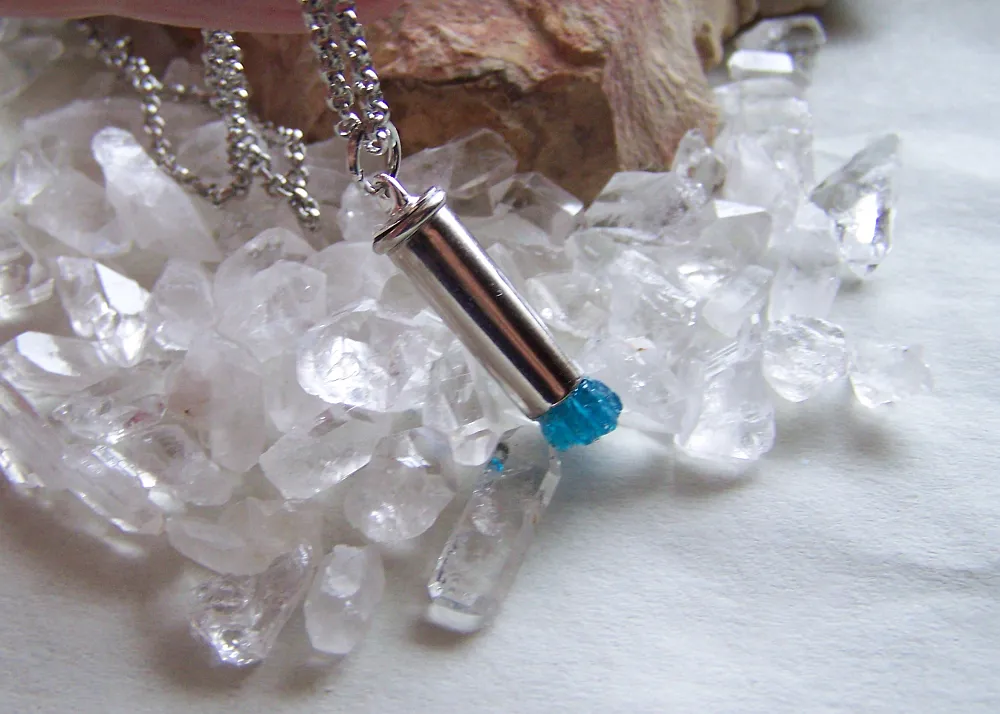 Natural Neon Blue Raw Apatite Gemstone Crystal Bullet Pendant