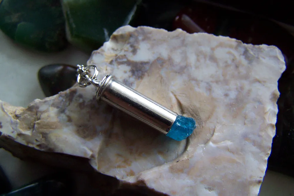 Natural Neon Blue Raw Apatite Gemstone Crystal Bullet Pendant