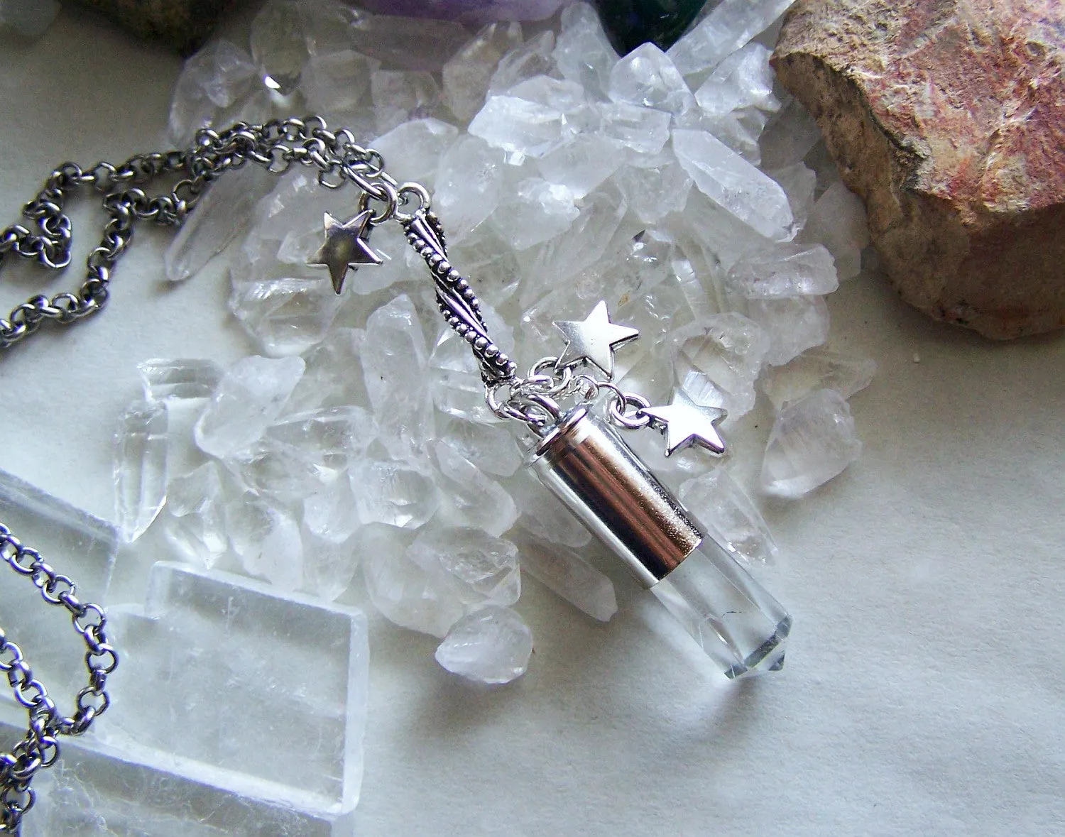 Natural Quartz Silver Stars Bullet Jewelry Pendant Necklace