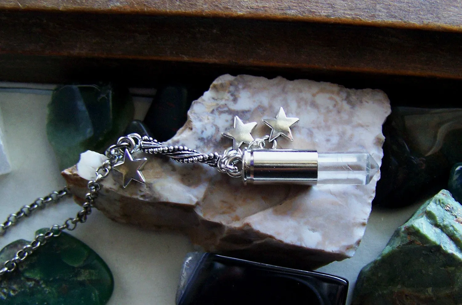 Natural Quartz Silver Stars Bullet Jewelry Pendant Necklace