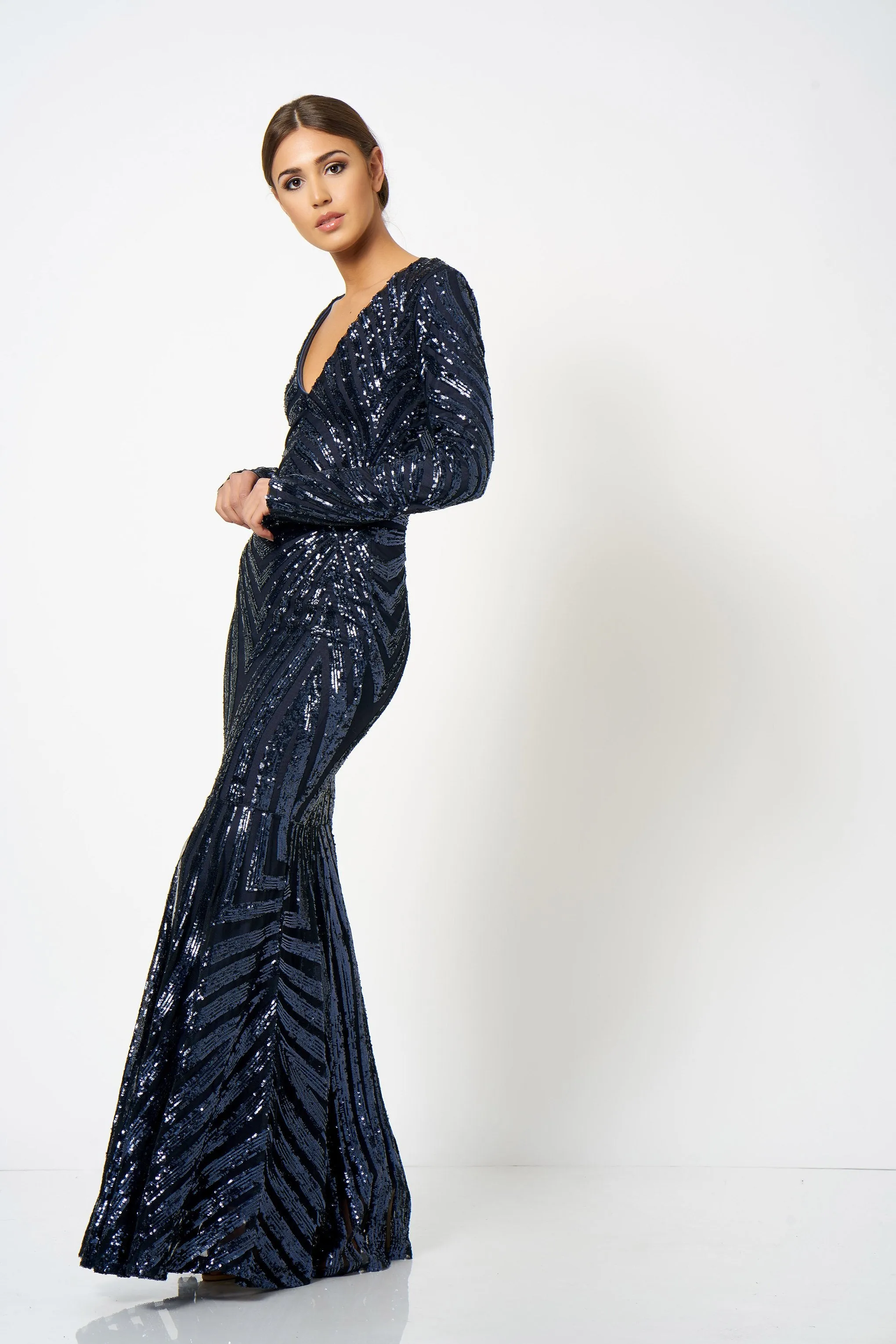 Navy Sequin Embellished Fishtail Maxi Dress