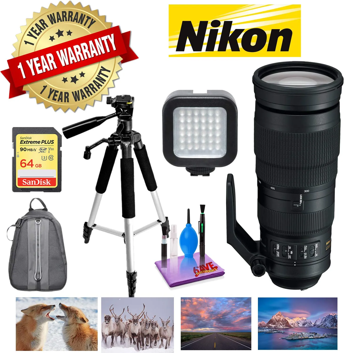 Nikon AF-S NIKKOR 200-500mm f/5.6E ED VR Lens with 1 Year Warranty, Sandisk 64GB Memory, Portable LED Light, and Deluxe