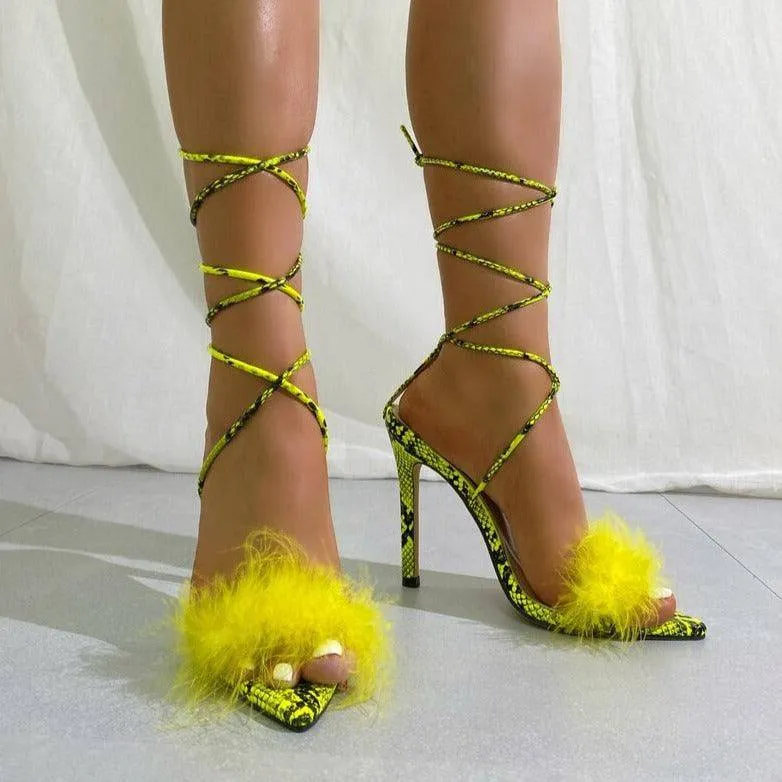 Nora Pointed Open Toe Fluffy Feather High Heel Sandal