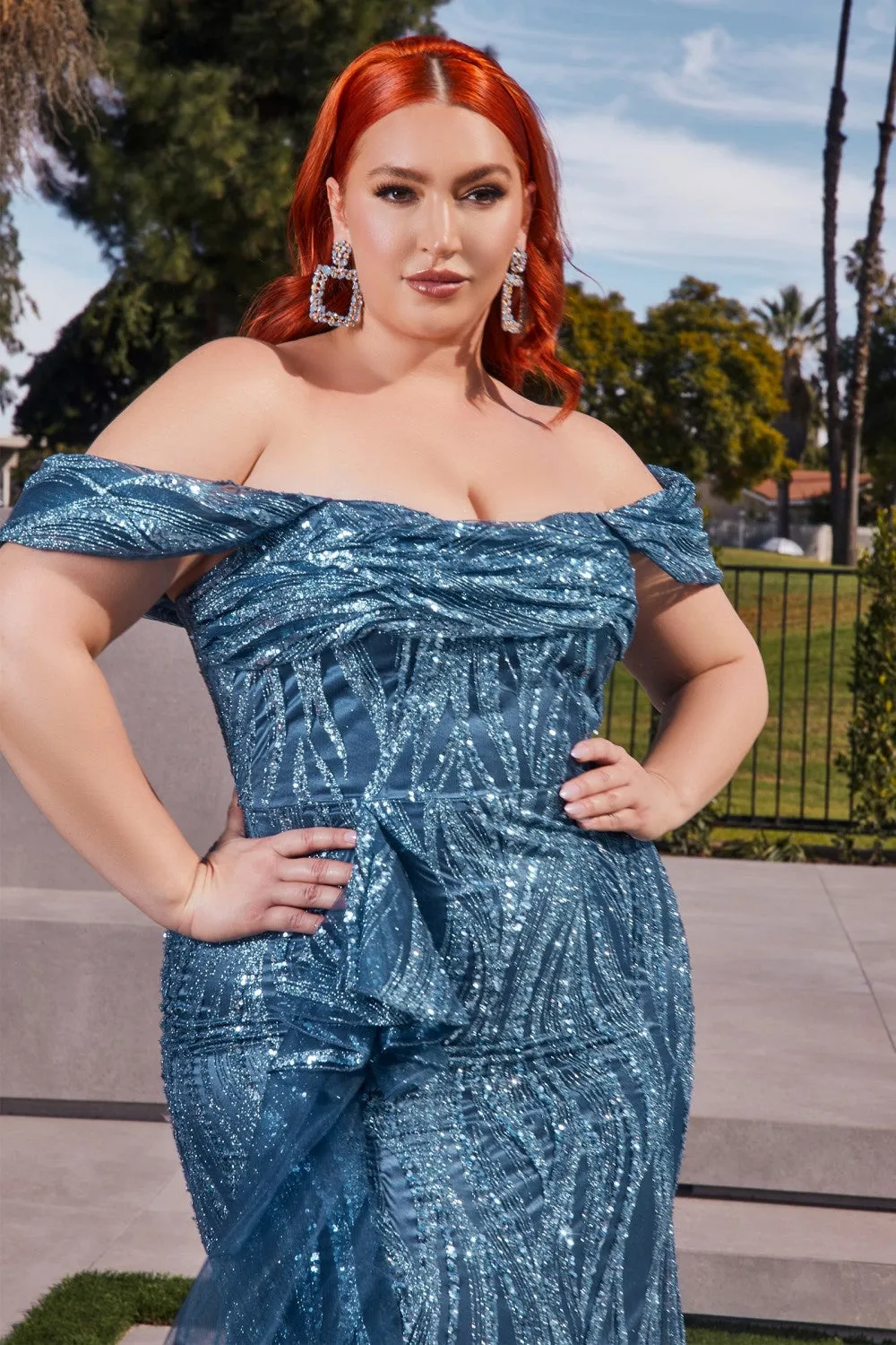 Off The Shoulder Glitter Gown By Ladivine J849 - Women Evening Formal Gown - Special Occasion