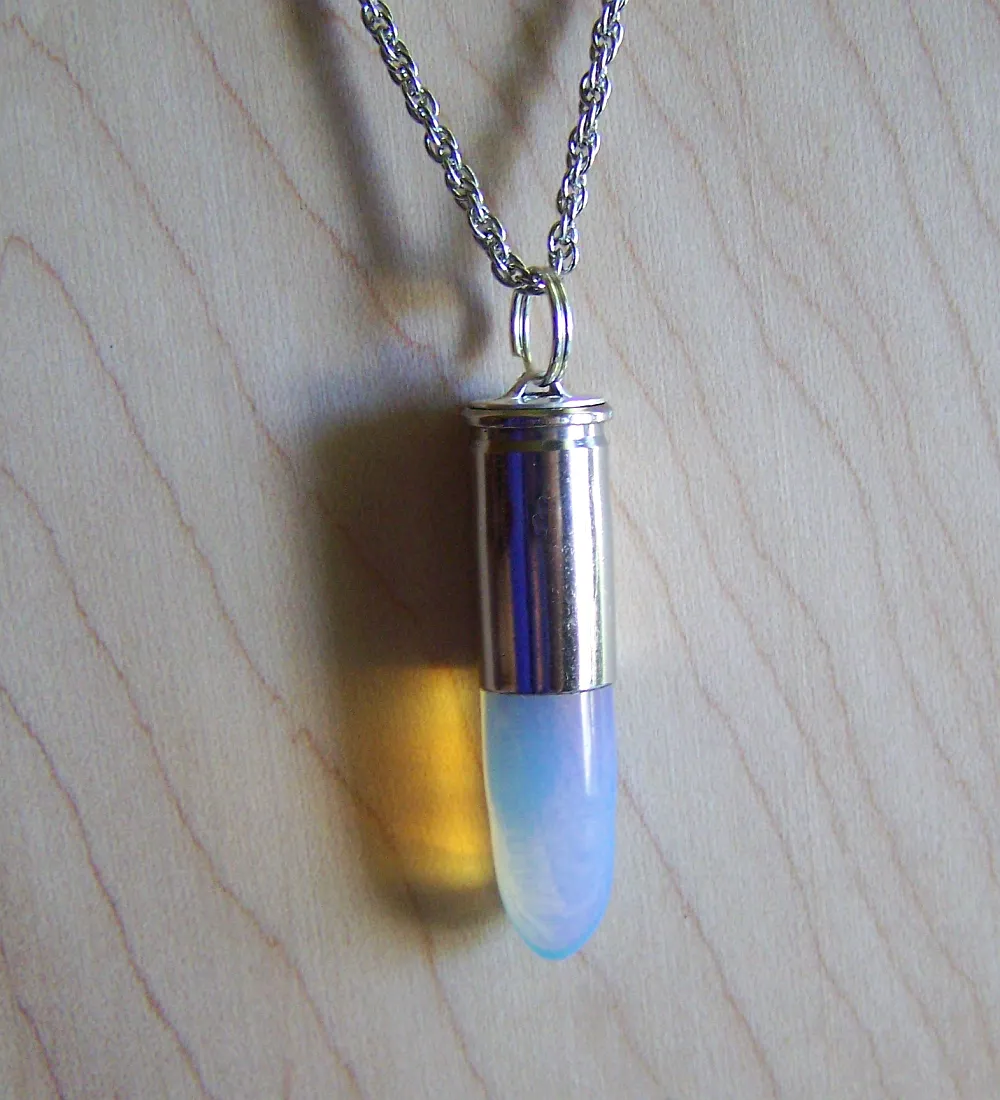 Opalite Iridescent Crystal Silver Bullet Jewelry Pendant Necklace