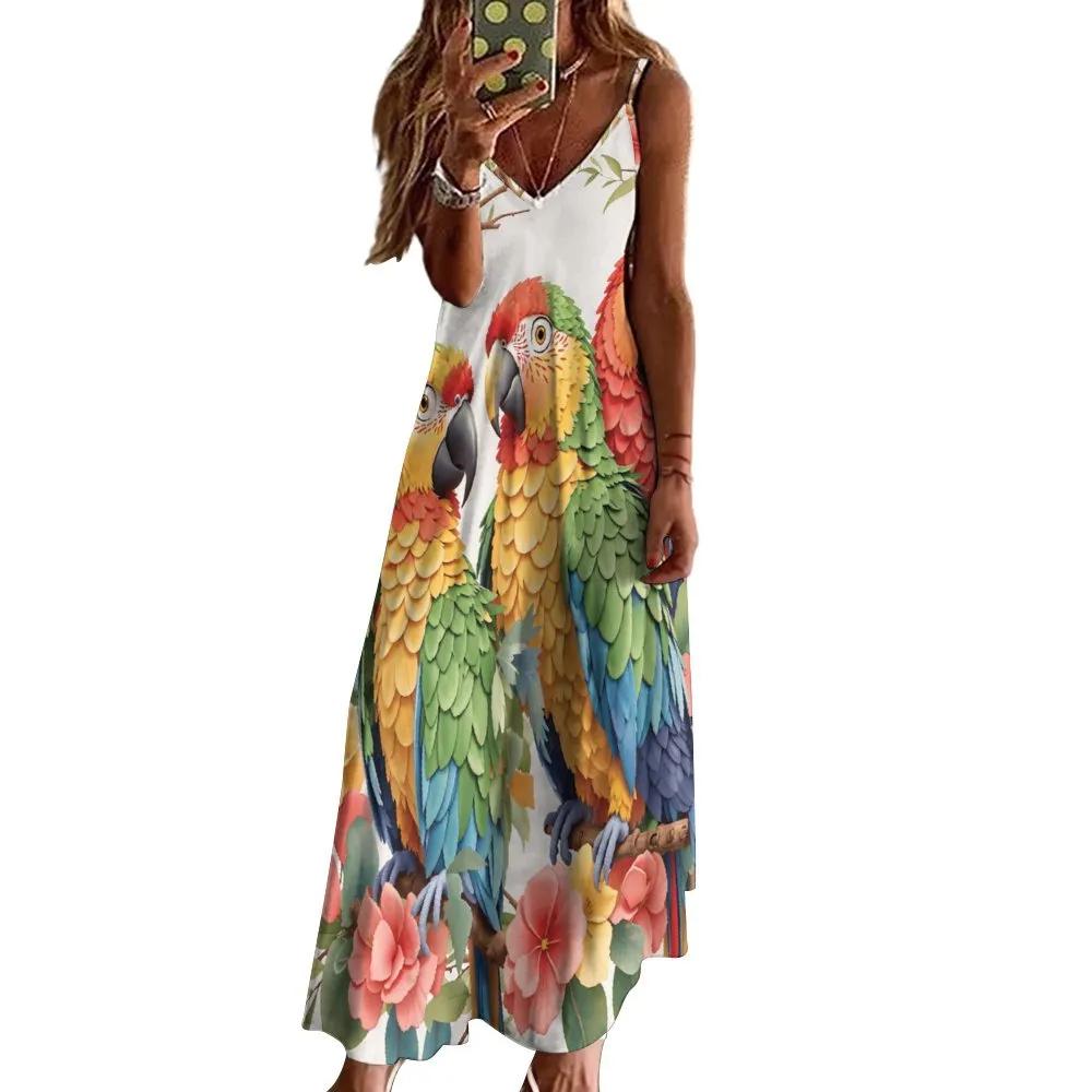 Colorful Parrot Print Spaghetti Strap Ankle-Length Dress - Flowy Long Summer Dress