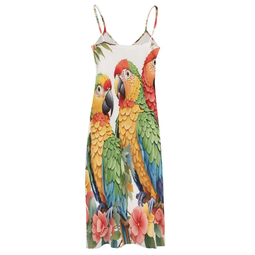 Colorful Parrot Print Spaghetti Strap Ankle-Length Dress - Flowy Long Summer Dress