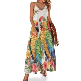 Colorful Parrot Print Spaghetti Strap Ankle-Length Dress - Flowy Long Summer Dress