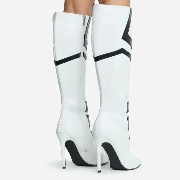 Patchwork Pointed Toe Knee-High Boots