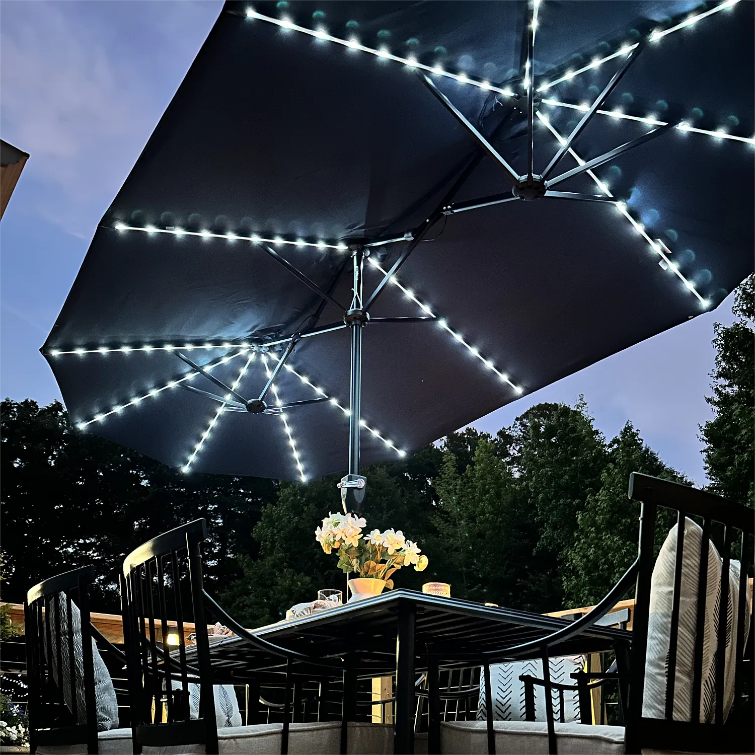 PHI VILLA 13Ft Double-Sided Umbrella - Solar Powered LED Lights, Adjustable Crank, and Durable Construction