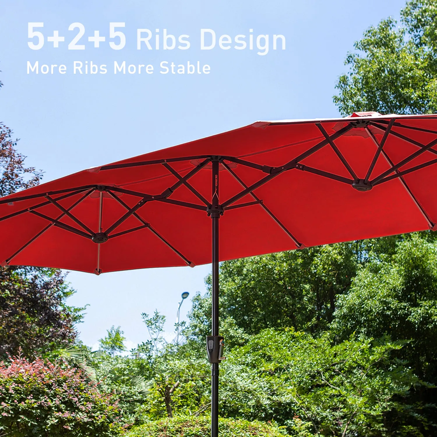 PHI VILLA 13Ft Double-Sided Umbrella - Solar Powered LED Lights, Adjustable Crank, and Durable Construction