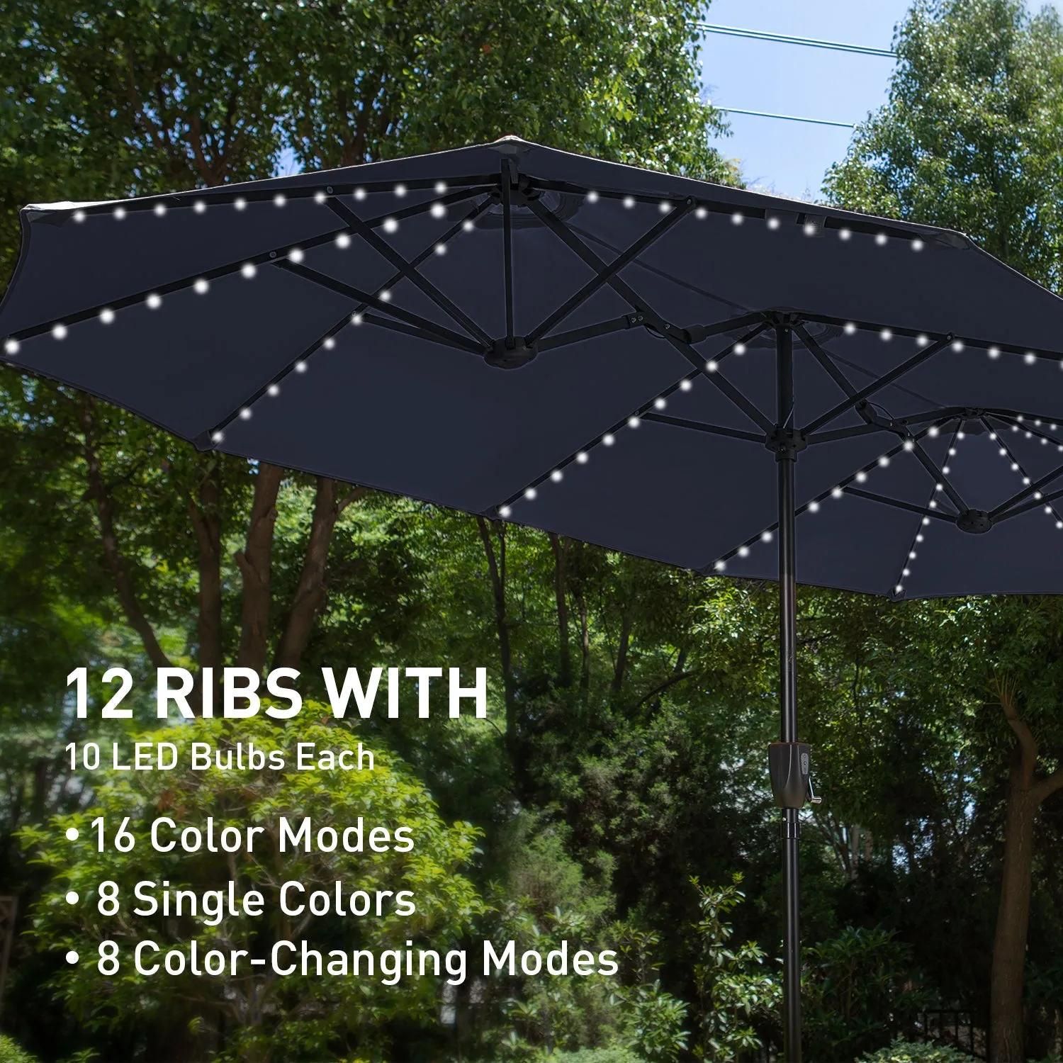 PHI VILLA 13Ft Double-Sided Umbrella - Solar Powered LED Lights, Adjustable Crank, and Durable Construction