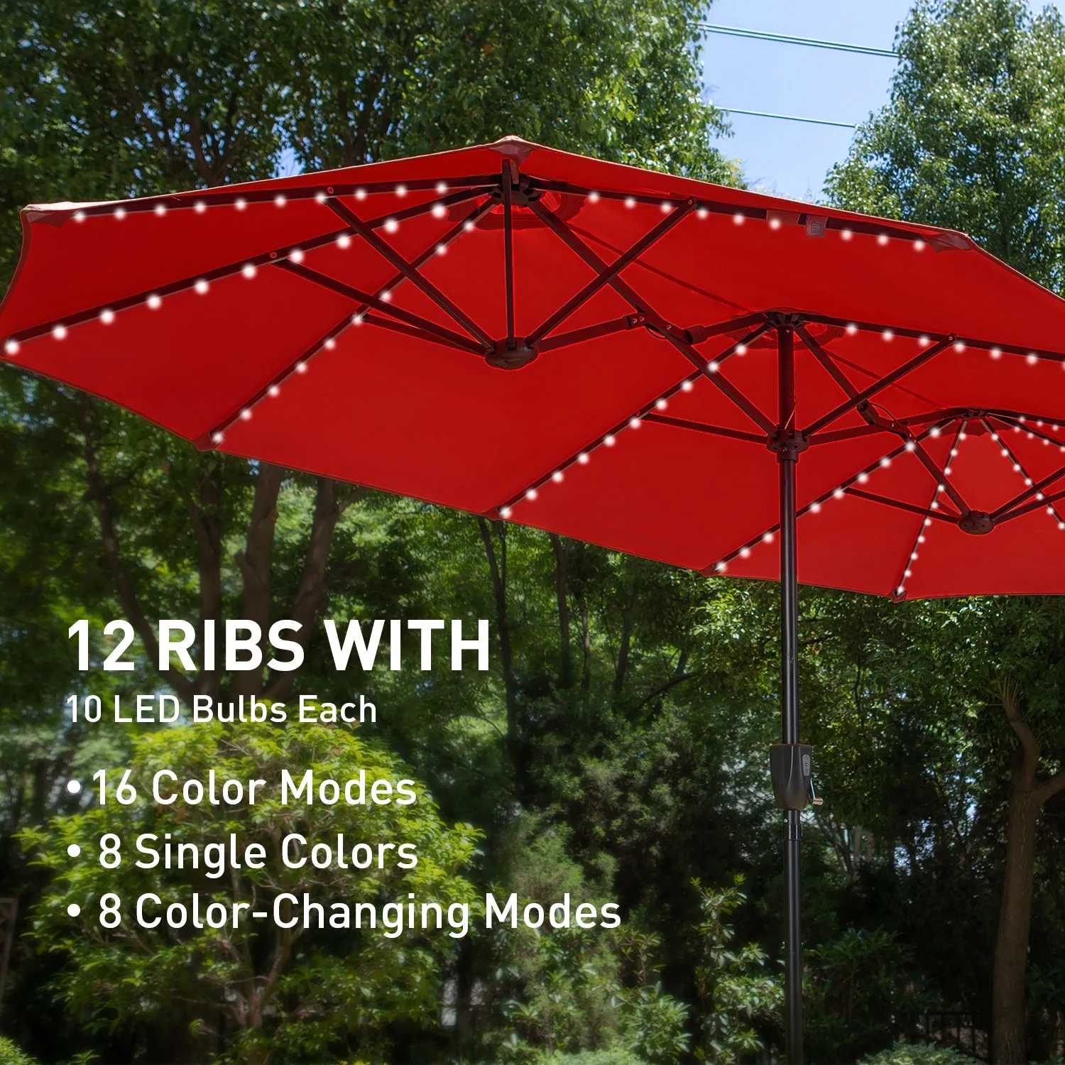 PHI VILLA 13Ft Double-Sided Umbrella - Solar Powered LED Lights, Adjustable Crank, and Durable Construction