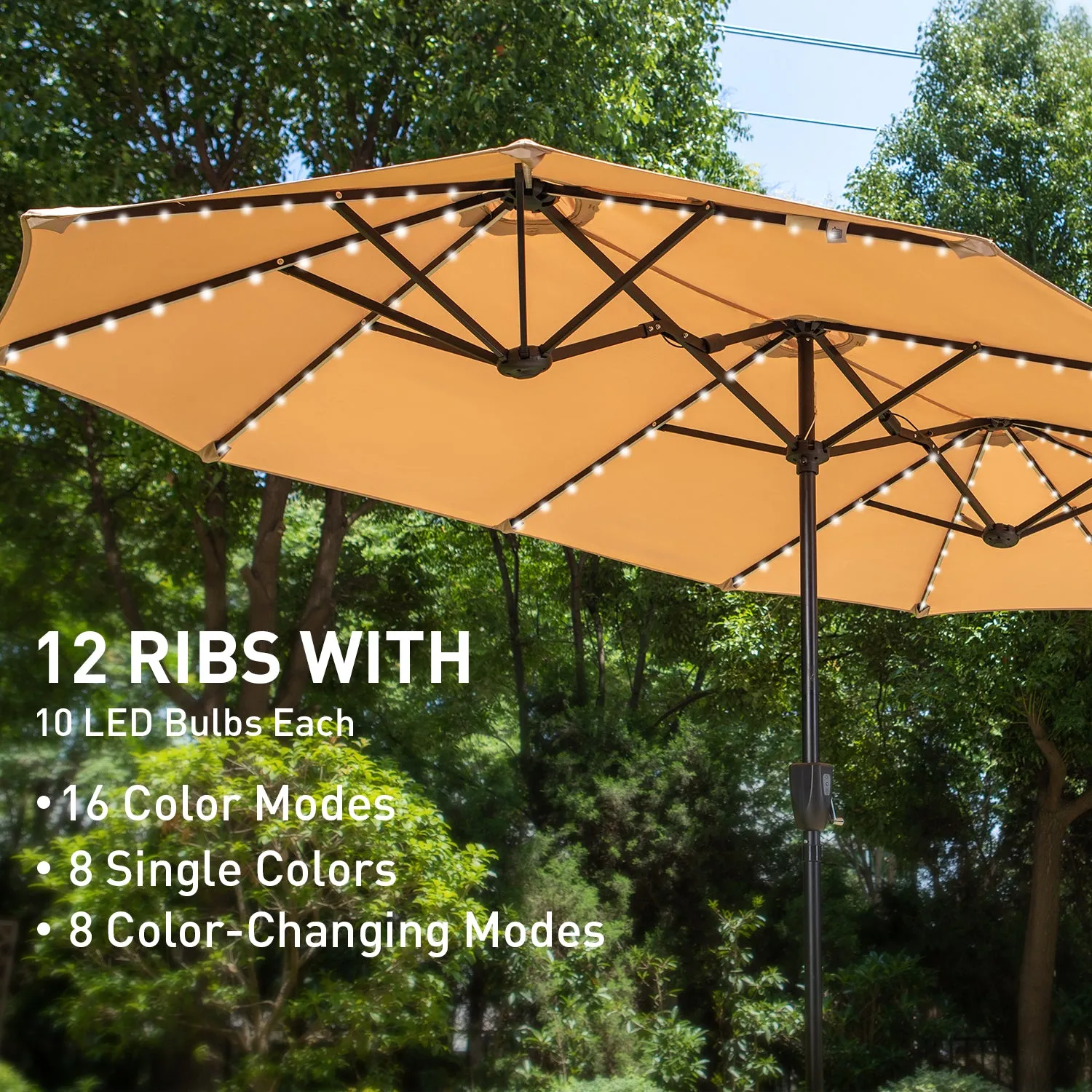 PHI VILLA 13Ft Double-Sided Umbrella - Solar Powered LED Lights, Adjustable Crank, and Durable Construction