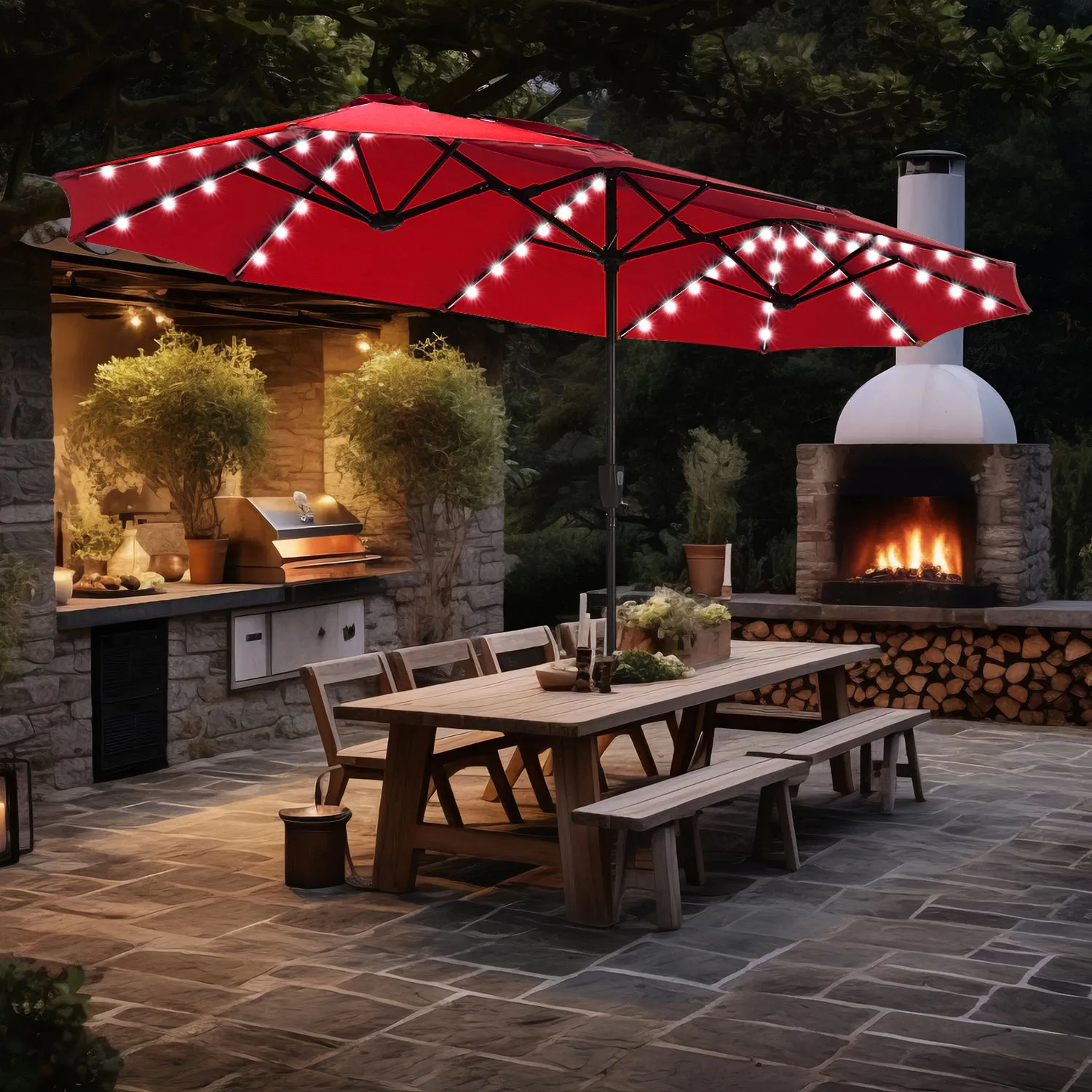 PHI VILLA 13Ft Double-Sided Umbrella - Solar Powered LED Lights, Adjustable Crank, and Durable Construction