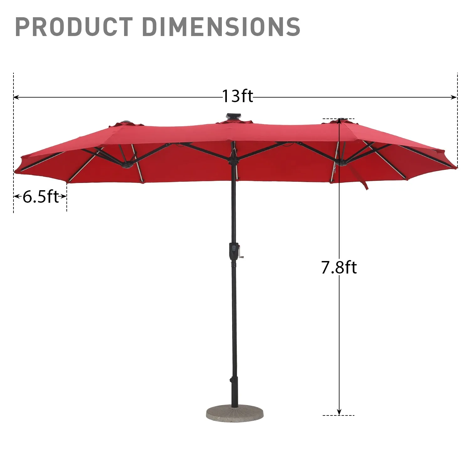 PHI VILLA 13Ft Double-Sided Umbrella - Solar Powered LED Lights, Adjustable Crank, and Durable Construction